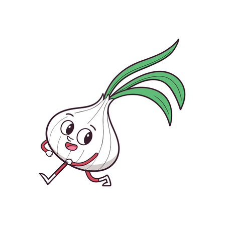 Running cartoon onion character with smiling face vector illustrationのイラスト素材