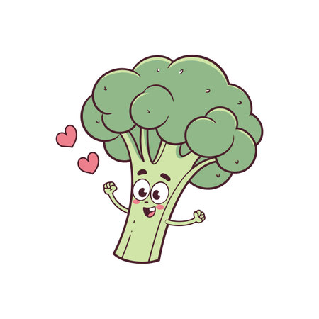 Cartoon broccoli character with hearts against a white backdropのイラスト素材