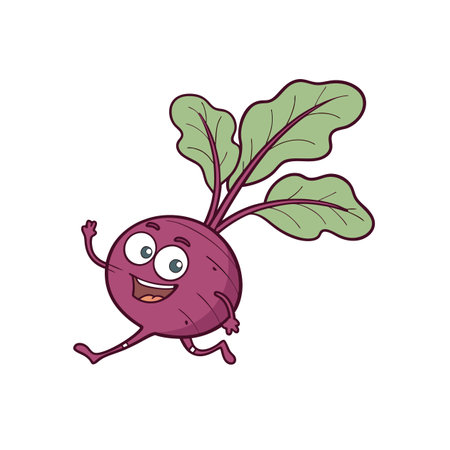 Happy cartoon beetroot character running on a white background