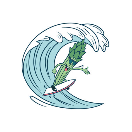 Cartoon asparagus character surfing in a large ocean waveのイラスト素材