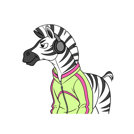Cartoon zebra with headphones wearing a colorful tracksuitのイラスト素材