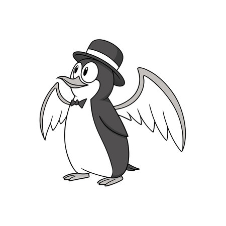 Cartoon penguin with wings wearing hat and bow-tieのイラスト素材