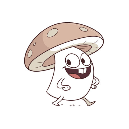 Cartoon mushroom character walking cheerfully on a white backgroundのイラスト素材