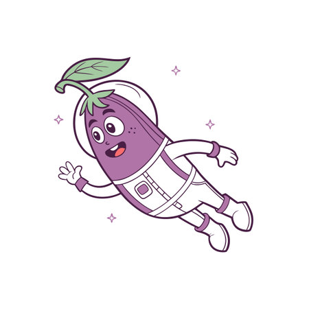 Cartoon eggplant astronaut floating in space with twinkling starsのイラスト素材