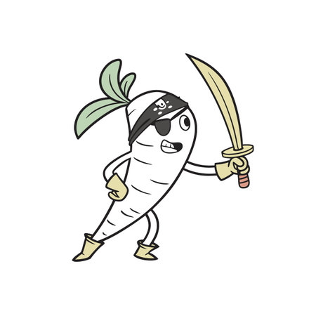 Cartoon daikon radish character dressed as pirate, wielding swordのイラスト素材