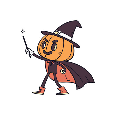Playful pumpkin wizard cartoon casting a spell for Halloweenのイラスト素材