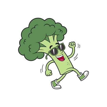 Happy broccoli cartoon character with sunglasses walking cheerfullyのイラスト素材