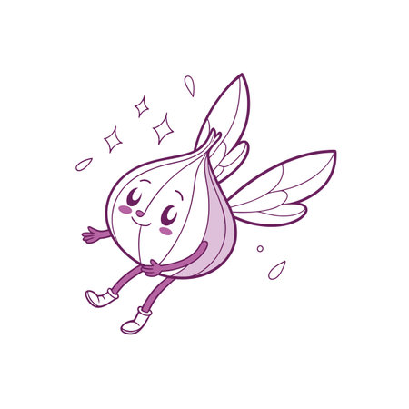 Cartoon red onion fairy with wings floating in midairのイラスト素材