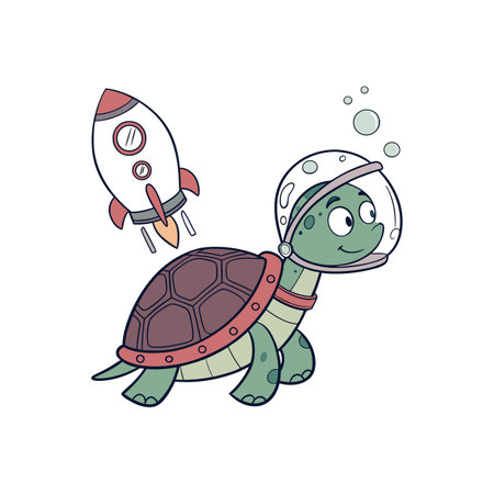 Cartoon turtle astronaut with rocket in space vector imageのイラスト素材