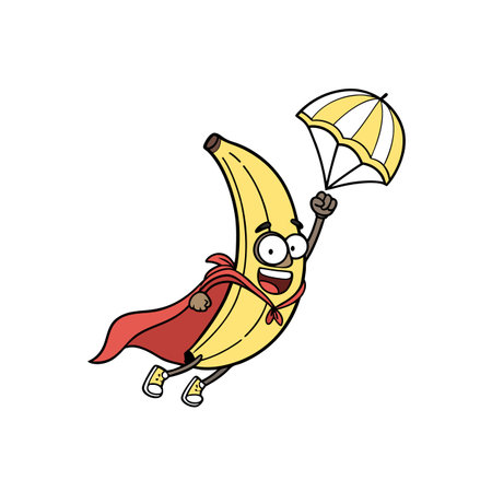 Cartoon banana superhero flies with parachute, vector illustrationのイラスト素材