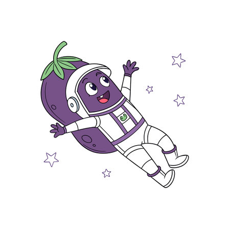 Playful Eggplant Astronaut Floating Among Stars in Outer Spaceのイラスト素材