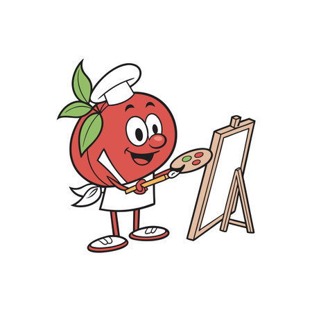Cartoon Tomato Chef Painting a Canvas with Art Suppliesのイラスト素材