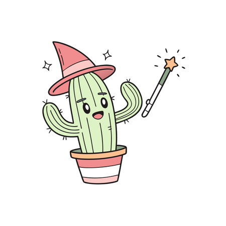 Cartoon cactus character wearing witch hat holding magic wandのイラスト素材