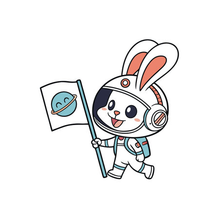 Cute bunny astronaut holding a flag with a planetのイラスト素材