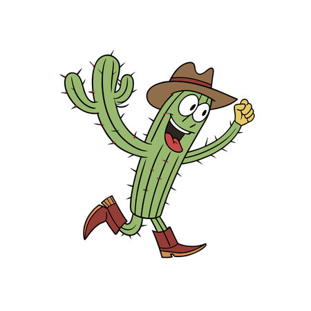 Happy cartoon cactus wearing cowboy hat and boots runningのイラスト素材
