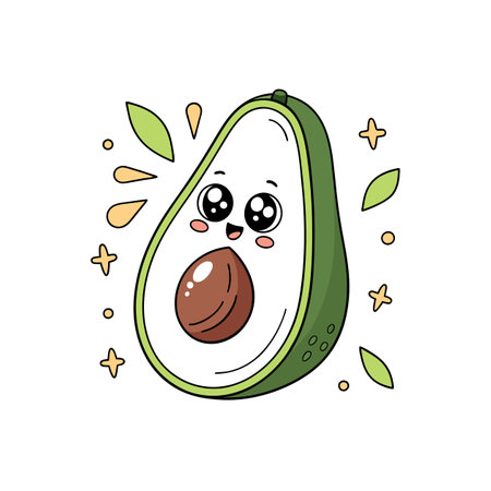 Cute cartoon avocado character surrounded by decorative elementsのイラスト素材