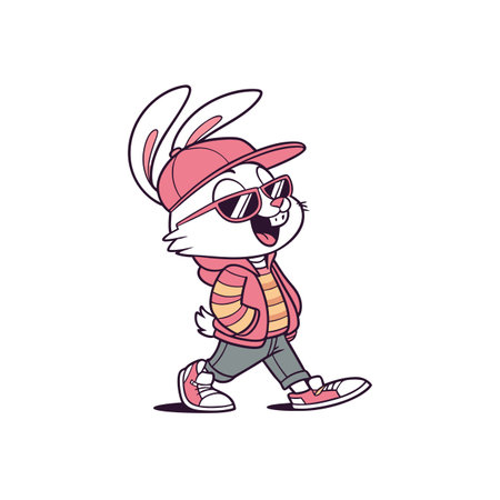 Cartoon bunny walks confidently wearing a trendy outfitのイラスト素材