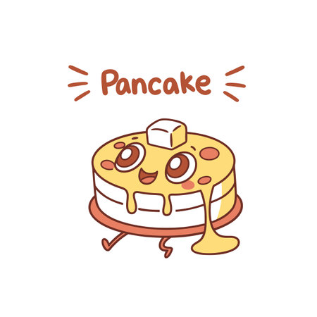 Cheerful Cartoon Pancake Character with Butter and Maple Syrupのイラスト素材