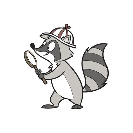 Cartoon raccoon detective investigates with magnifying glass and hatのイラスト素材