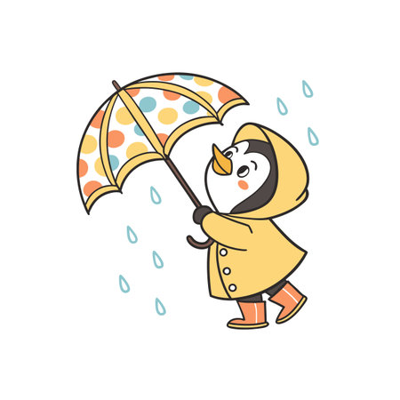 Cartoon penguin wearing raincoat and boots in rainy weatherのイラスト素材
