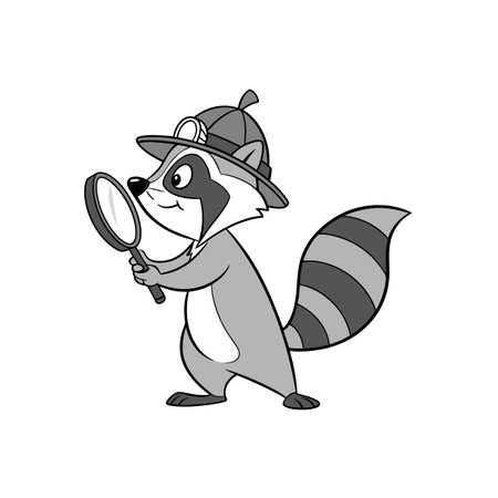 Cartoon Raccoon Detective Inspecting with Magnifying Glass Illustrationのイラスト素材