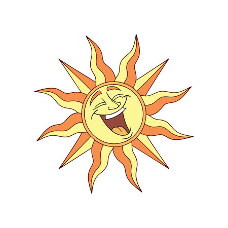 Smiling Sun Cartoon Character with Rays of Lightのイラスト素材