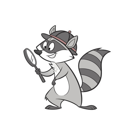 Cartoon raccoon detective wearing a hat looking with magnifying glassのイラスト素材