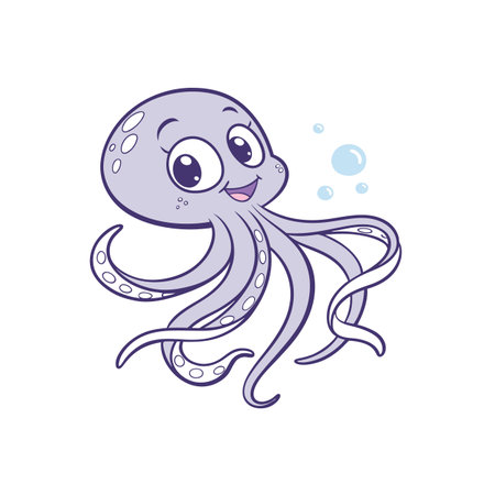Cute cartoon octopus smiling underwater illustration, bubbly backgroundのイラスト素材