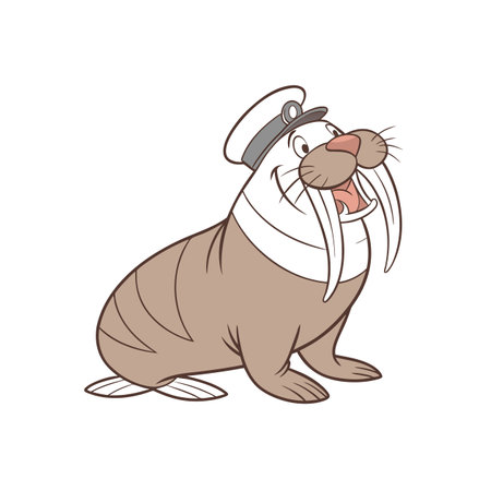 Cartoon Walrus Captain Character Smiling with White Backgroundのイラスト素材
