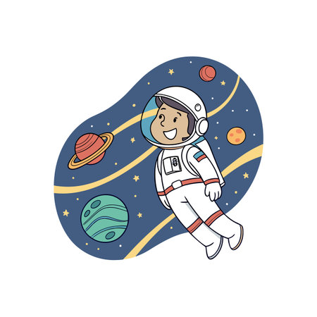 Cartoon astronaut in space surrounded by planets and starsのイラスト素材