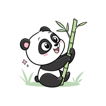 Cartoon panda holding bamboo shoot sitting in the grassのイラスト素材