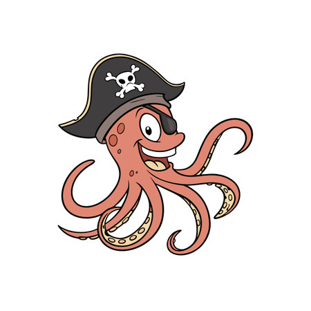 Cartoon Octopus Pirate with Eye Patch, Hat, and Smileのイラスト素材