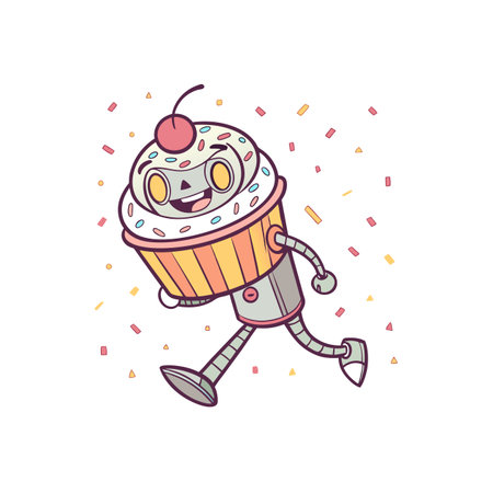 Cupcake robot character walking amongst confetti in a cartoon styleのイラスト素材
