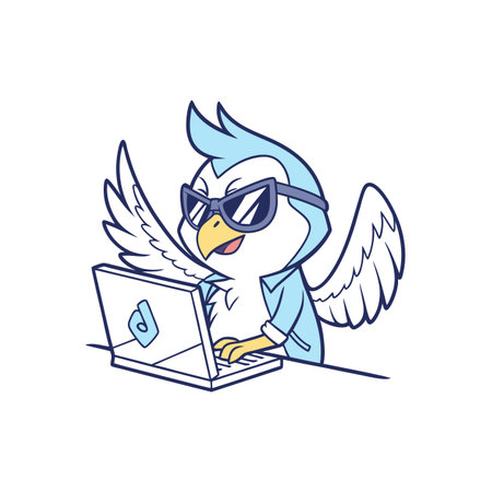 Cartoon bird character working on laptop with sunglassesのイラスト素材