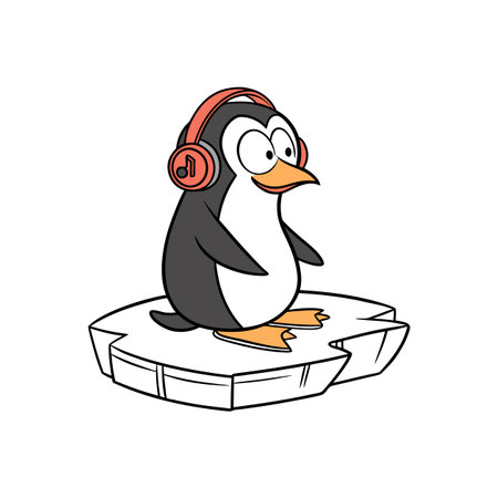 Cartoon penguin with headphones on iceberg enjoying musicのイラスト素材