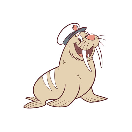 Cartoon walrus wearing a nautical cap with a smileのイラスト素材