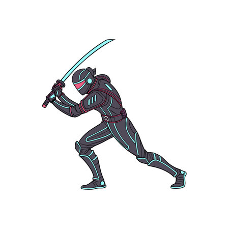 Futuristic ninja warrior prepares to strike with glowing katanaのイラスト素材