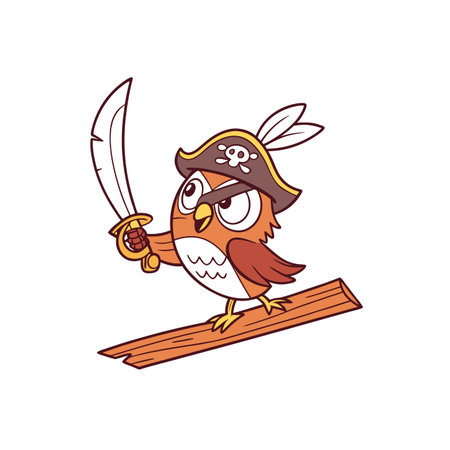 Cartoon owl pirate with sword standing on wooden plankのイラスト素材