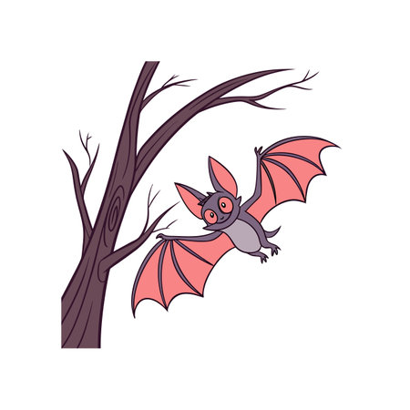 Whimsical bat flying near a tree on white backgroundのイラスト素材