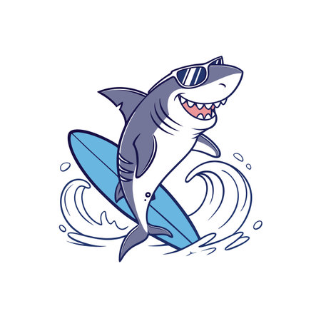 Happy shark character surfing a wave with sunglassesのイラスト素材