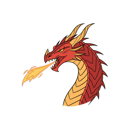 Cartoon style dragon head spewing fire on white backgroundのイラスト素材