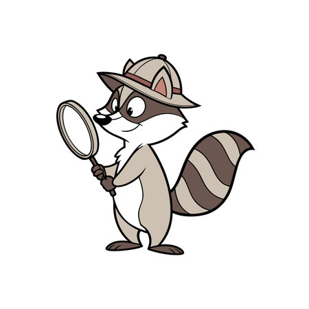 Cartoon Raccoon Detective Examining Something with Magnifying Glassのイラスト素材