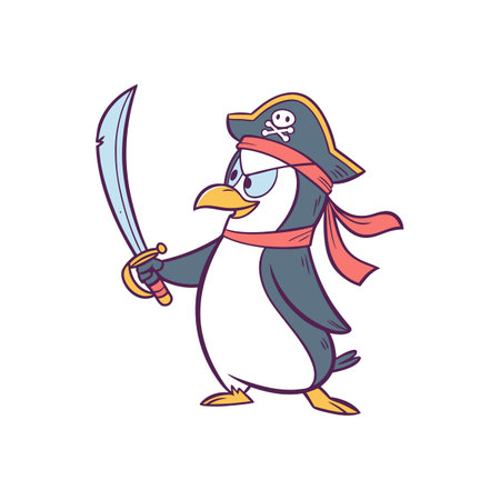 Cartoon penguin pirate with sword on white background illustrationのイラスト素材