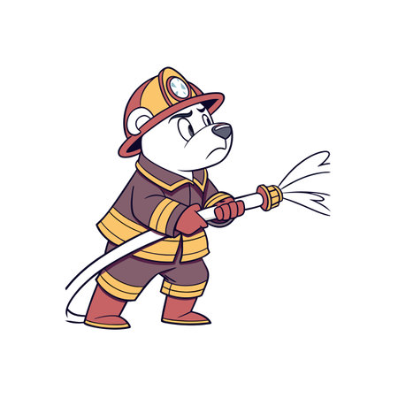 Cartoon bear fireman holding hose with concerned expressionのイラスト素材