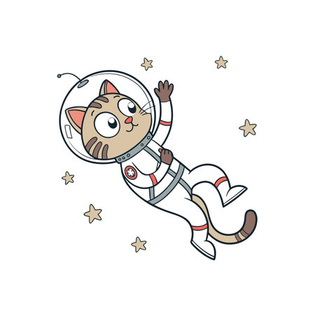 Cute cartoon cat astronaut floating among stars in spaceのイラスト素材