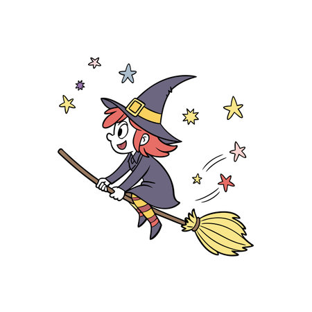 Happy witch riding broomstick with stars Halloween illustrationのイラスト素材