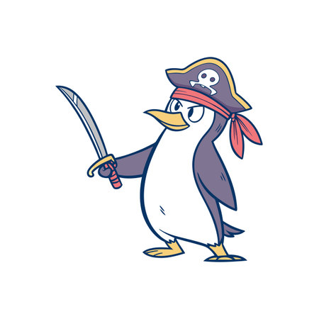 Cartoon penguin dressed as pirate with sword in handのイラスト素材