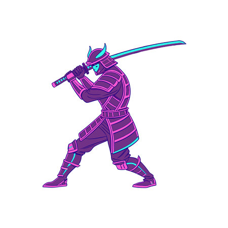 Cyberpunk Samurai Ready for Battle with Glowing Swordのイラスト素材