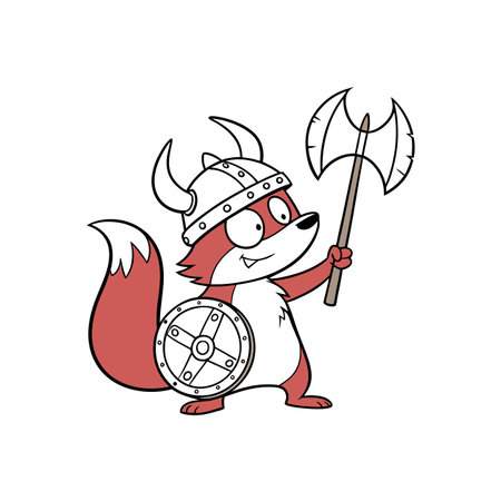 Cartoon fox viking warrior with axe and shield illustrationのイラスト素材