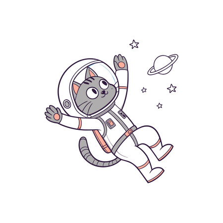Cat astronaut floating in space with stars and planetのイラスト素材